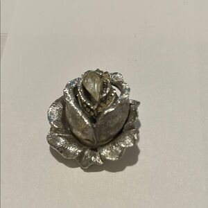 Silver tone Rose Brooch with Gemstone Accent